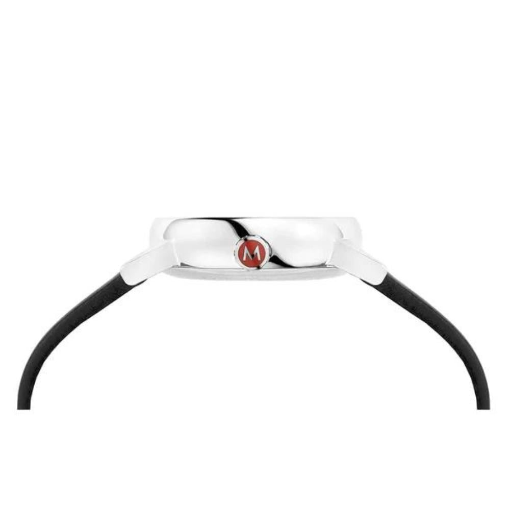Side view of Mondaine Evo2 MSE.30210.LBV stainless steel watch case showcasing the signature red 'M' crown