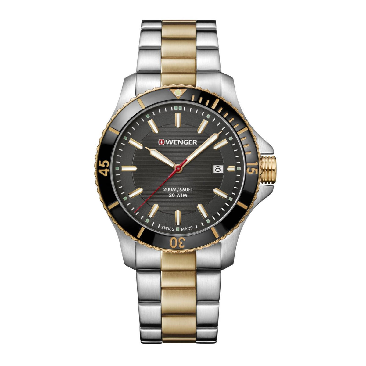 Men's stainless steel quartz watch with black dial, red hands, gold center-link bracelet