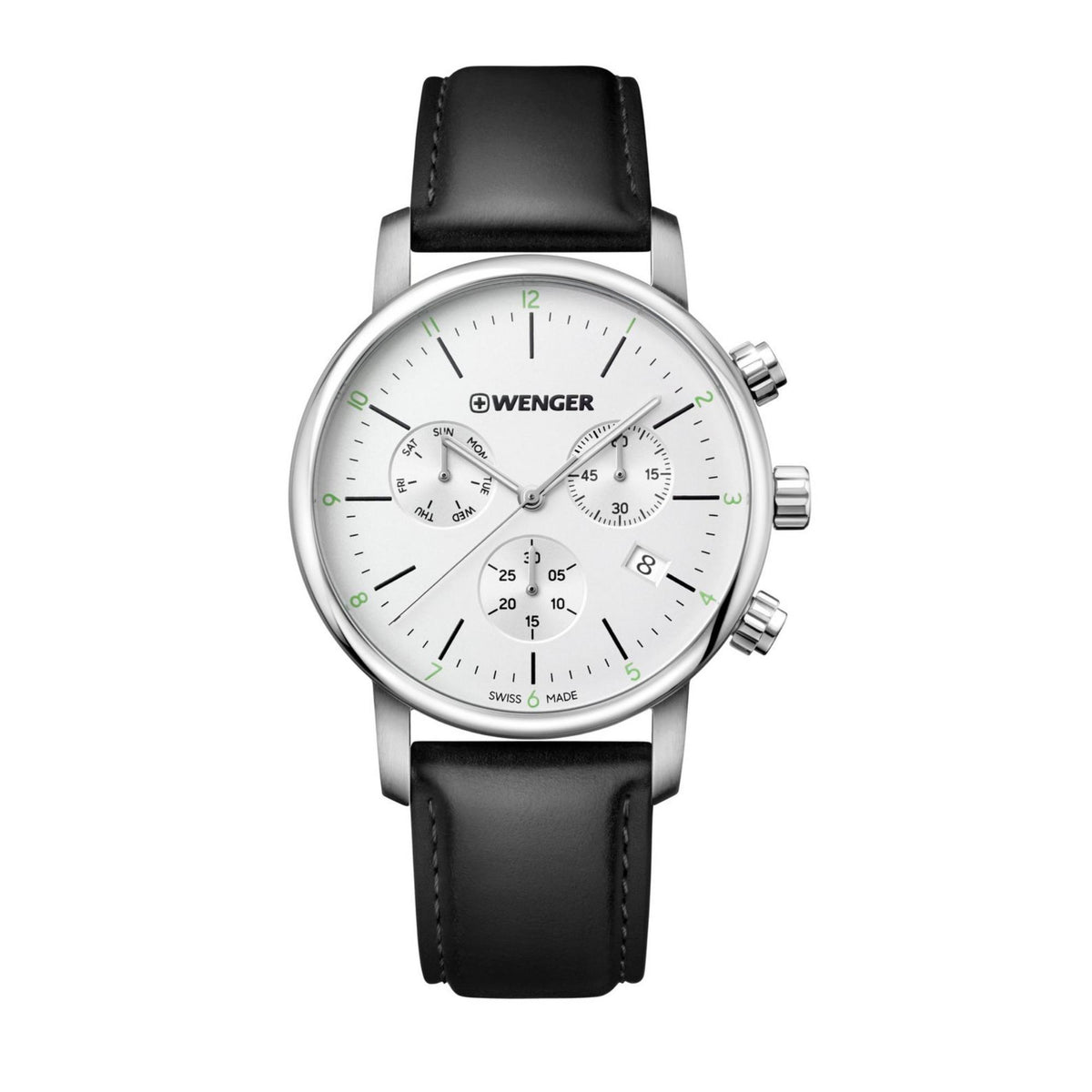 Men's chronograph wristwatch with silver case, black leather strap, white dial and subdials.