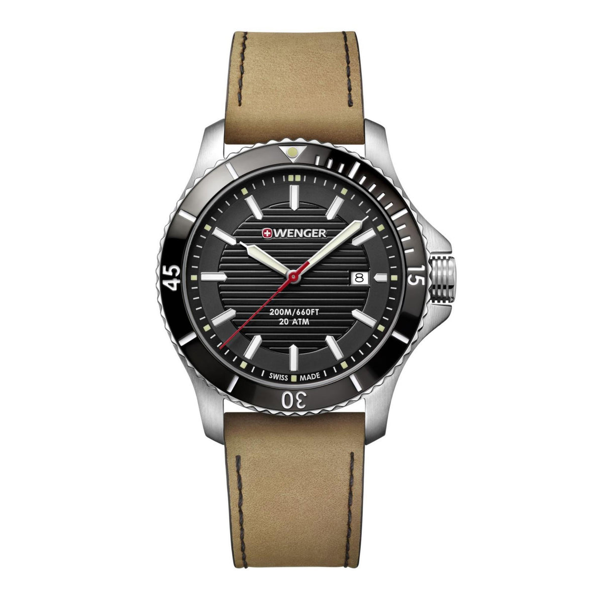 Men's stainless watch with black dial, red accents, brown leather strap.