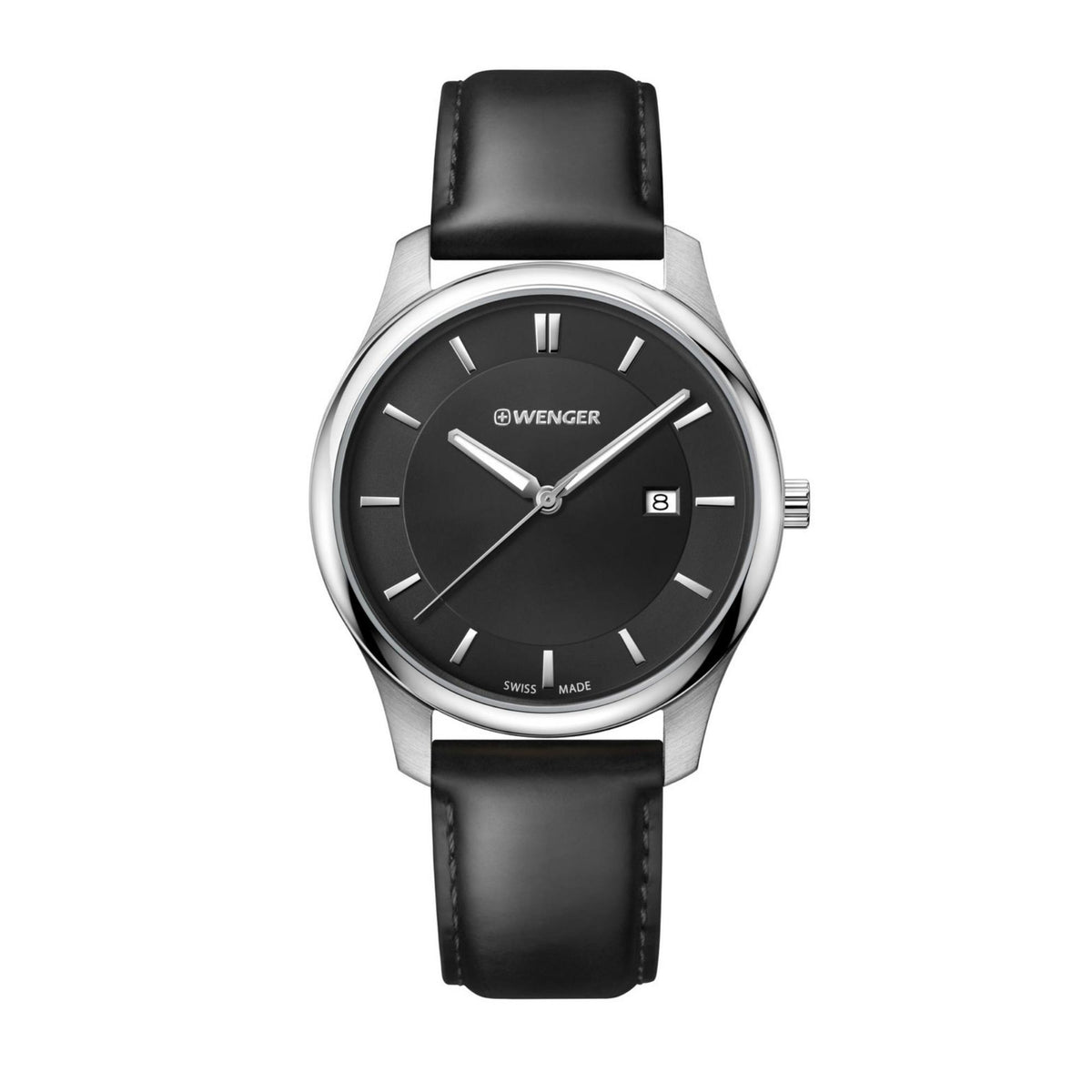 Men's black dial leather strap wristwatch with silver case and slim hour markers