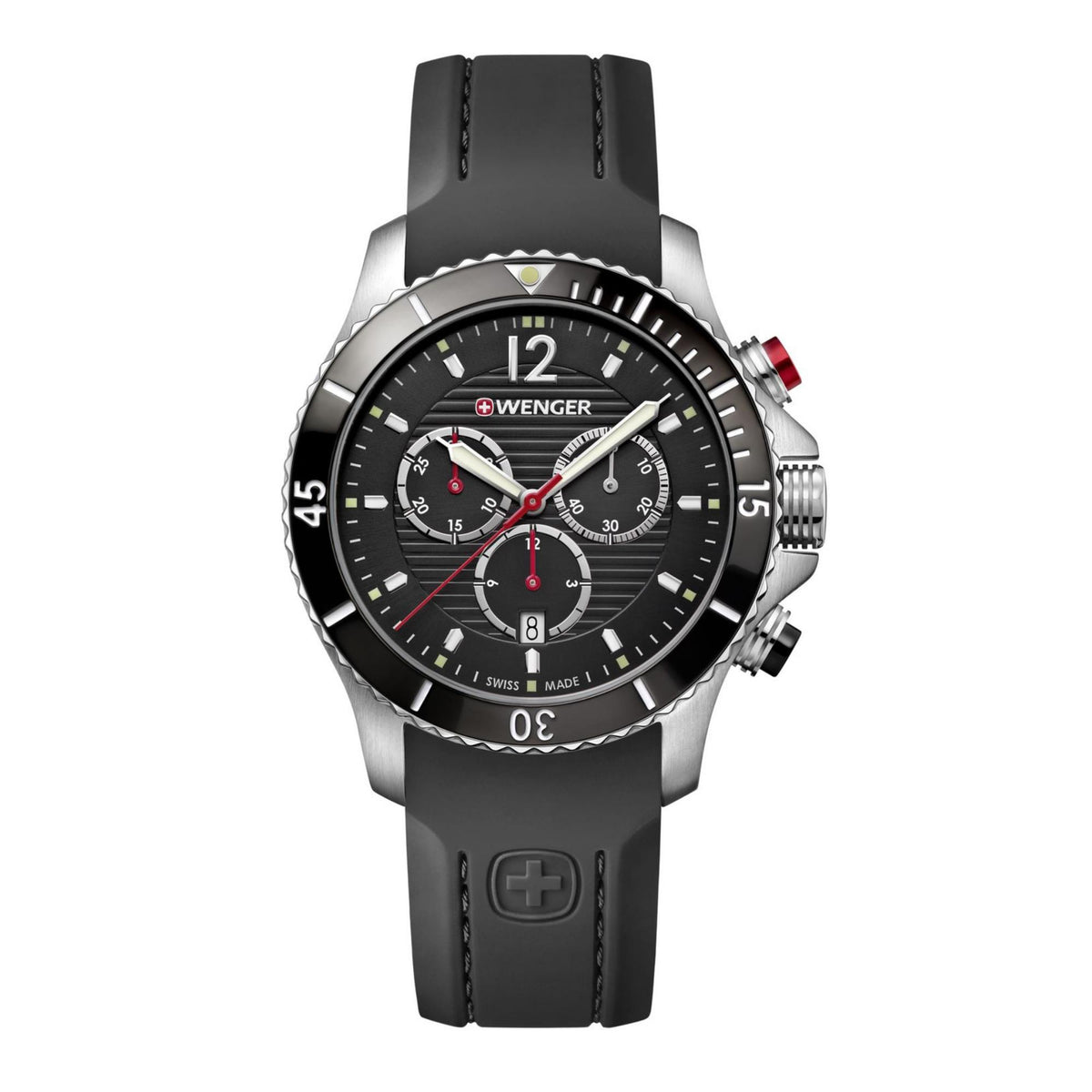 Wenger Seaforce chronograph watch with black dial, three subdials, and black silicone strap