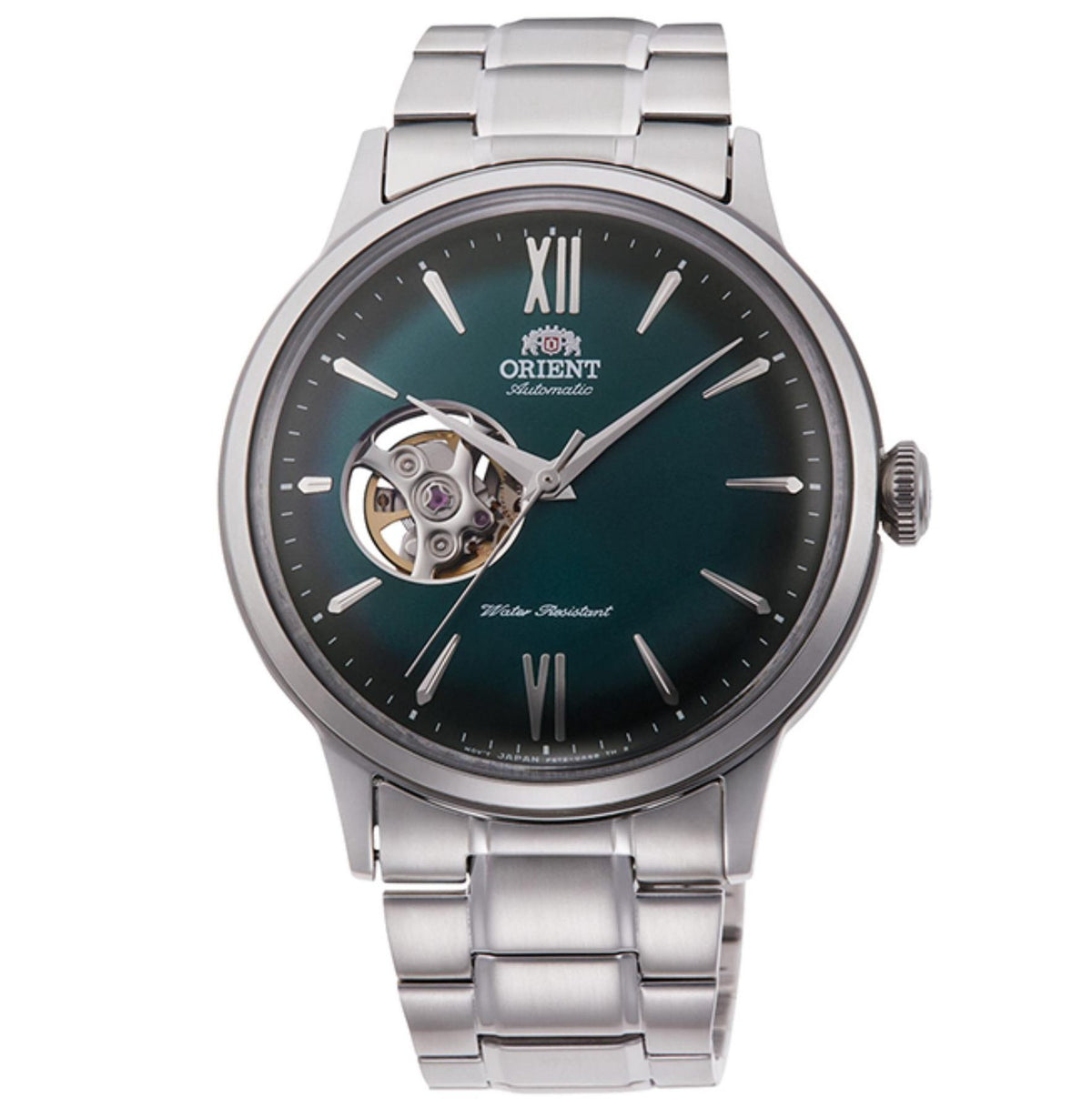 Men's steel automatic watch with green dial, Roman numerals, open-heart skeleton movement