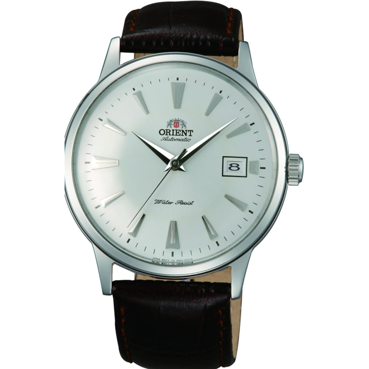 Men's automatic wristwatch with white dial and black leather strap, round steel case