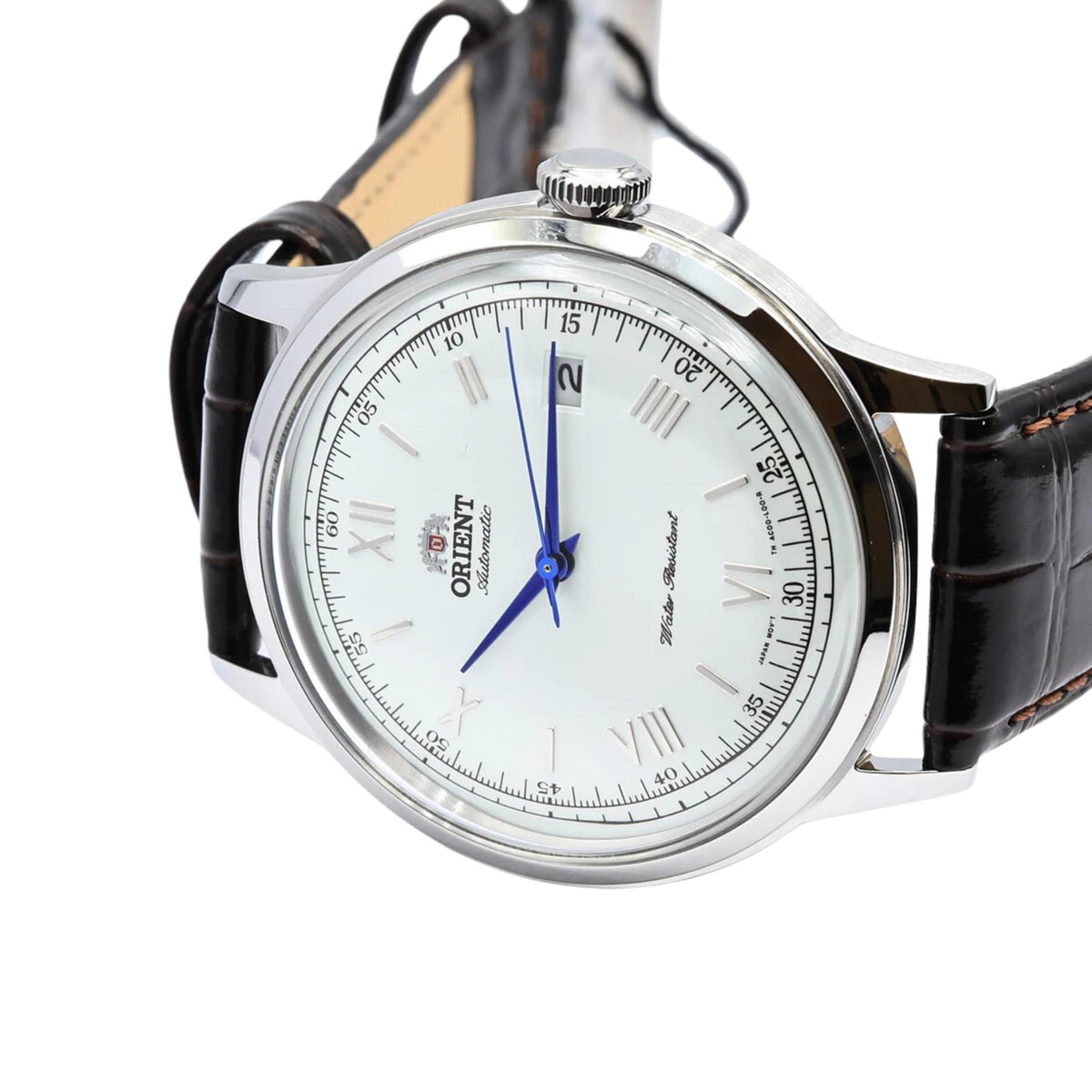 Orient Bambino TAC00009W0 automatic timepiece angled front view showcasing the white dial and polished steel case