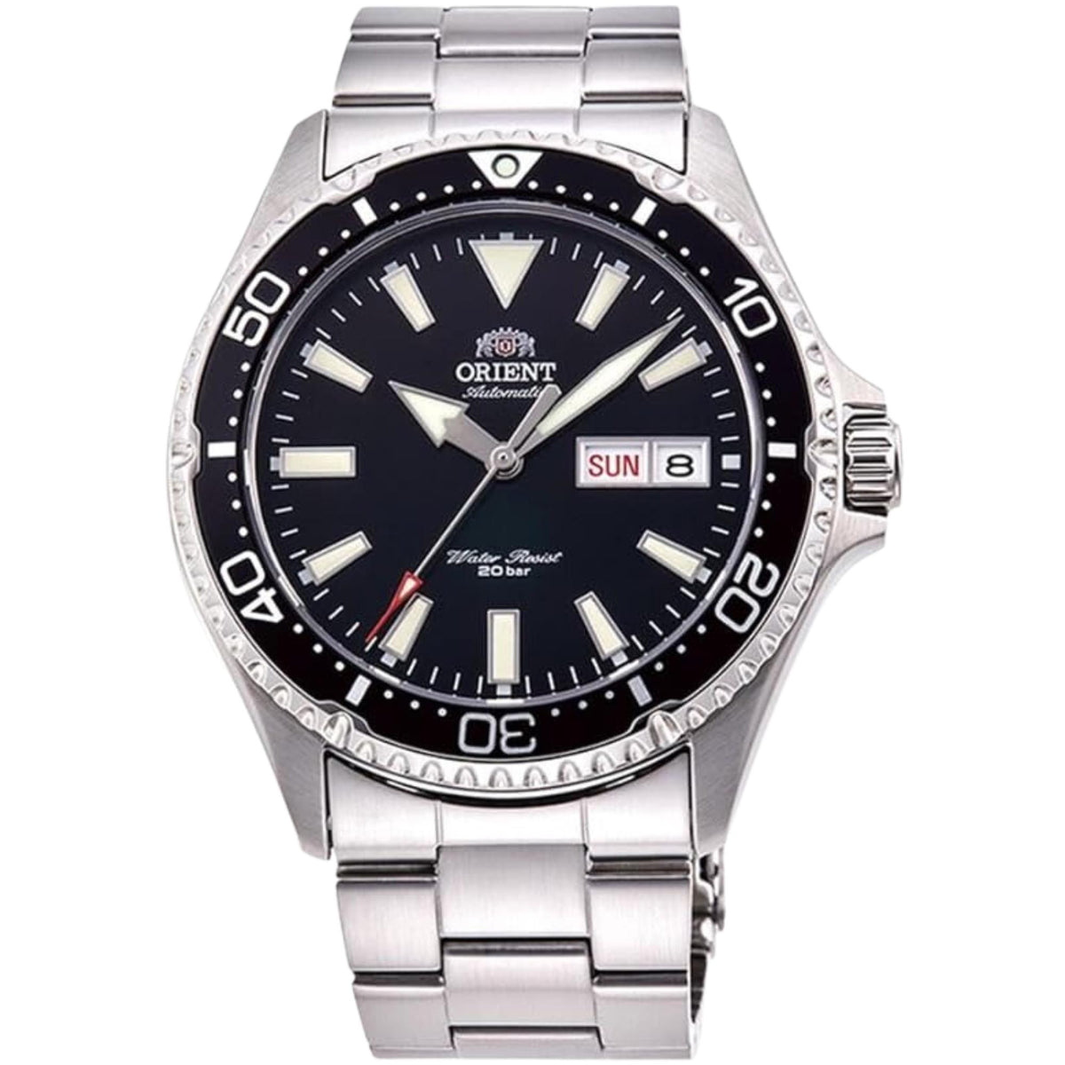 Men's stainless steel automatic watch with black dial, bezel, and date window