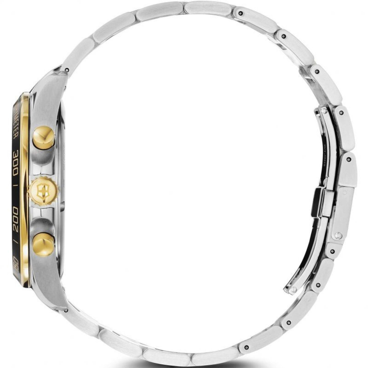 Stainless steel watch case and bracelet with gold accent links, side profile view.