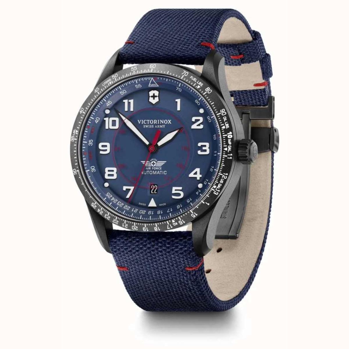 Men's automatic wristwatch with blue dial and navy fabric strap, black case