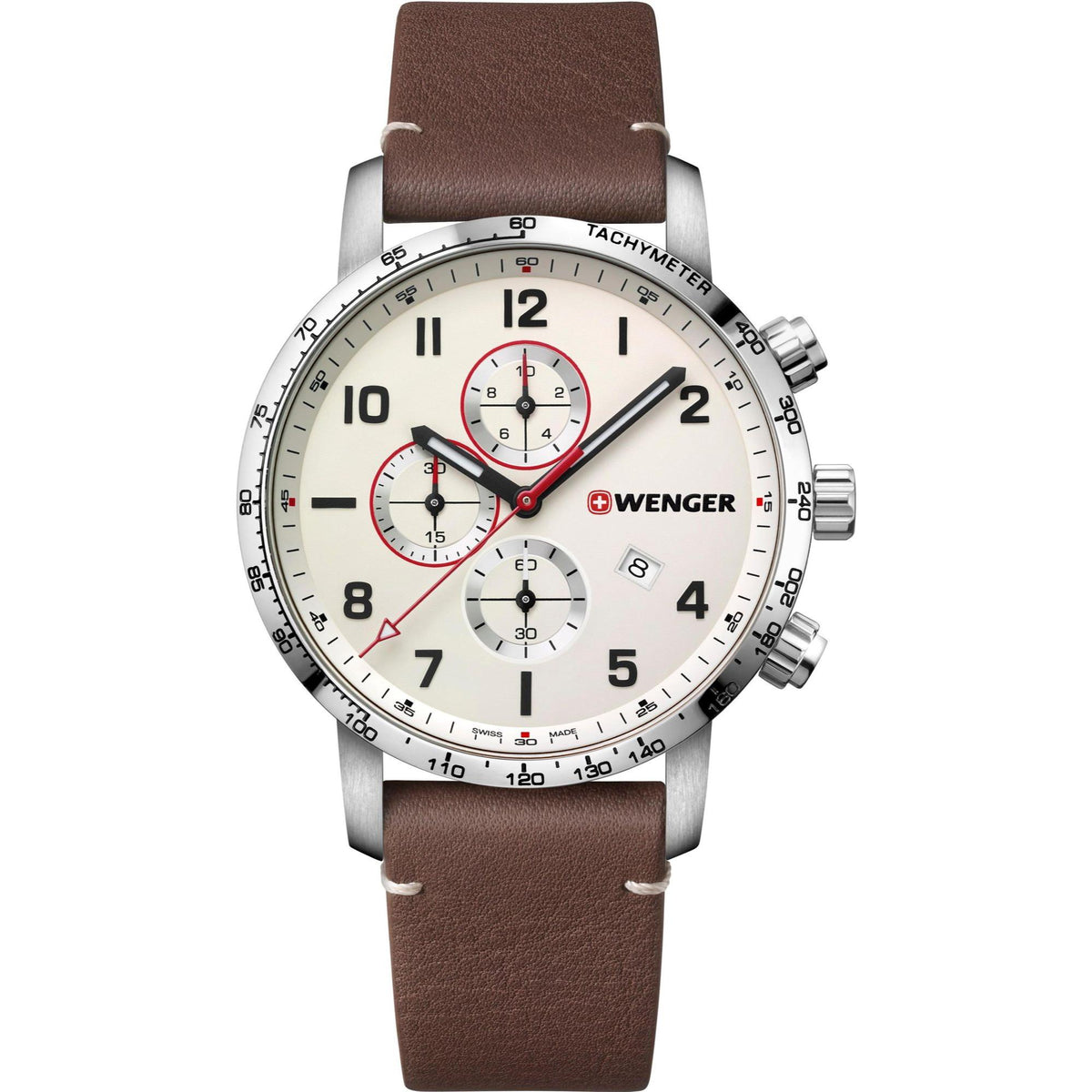 Men's chronograph watch: cream dial, brown leather strap, silver case with subdials