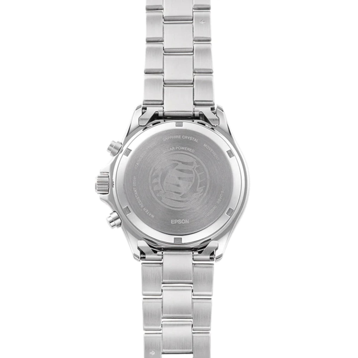 Brushed steel caseback view of solar chronograph watch with metal bracelet.