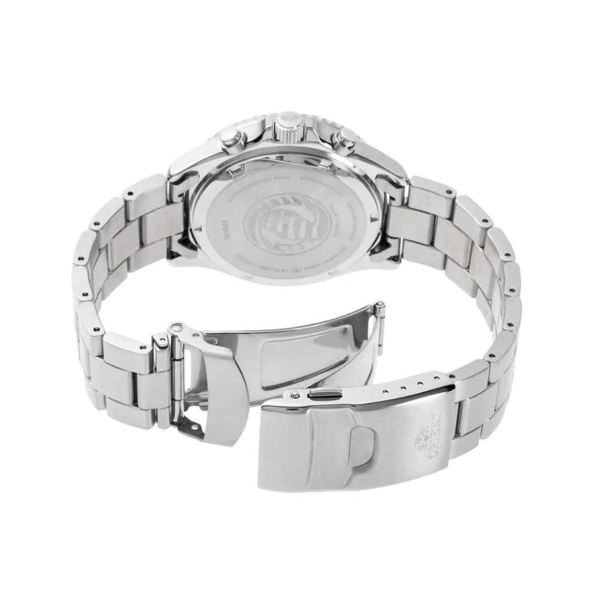 Stainless steel watch bracelet and clasp with round caseback underside view.