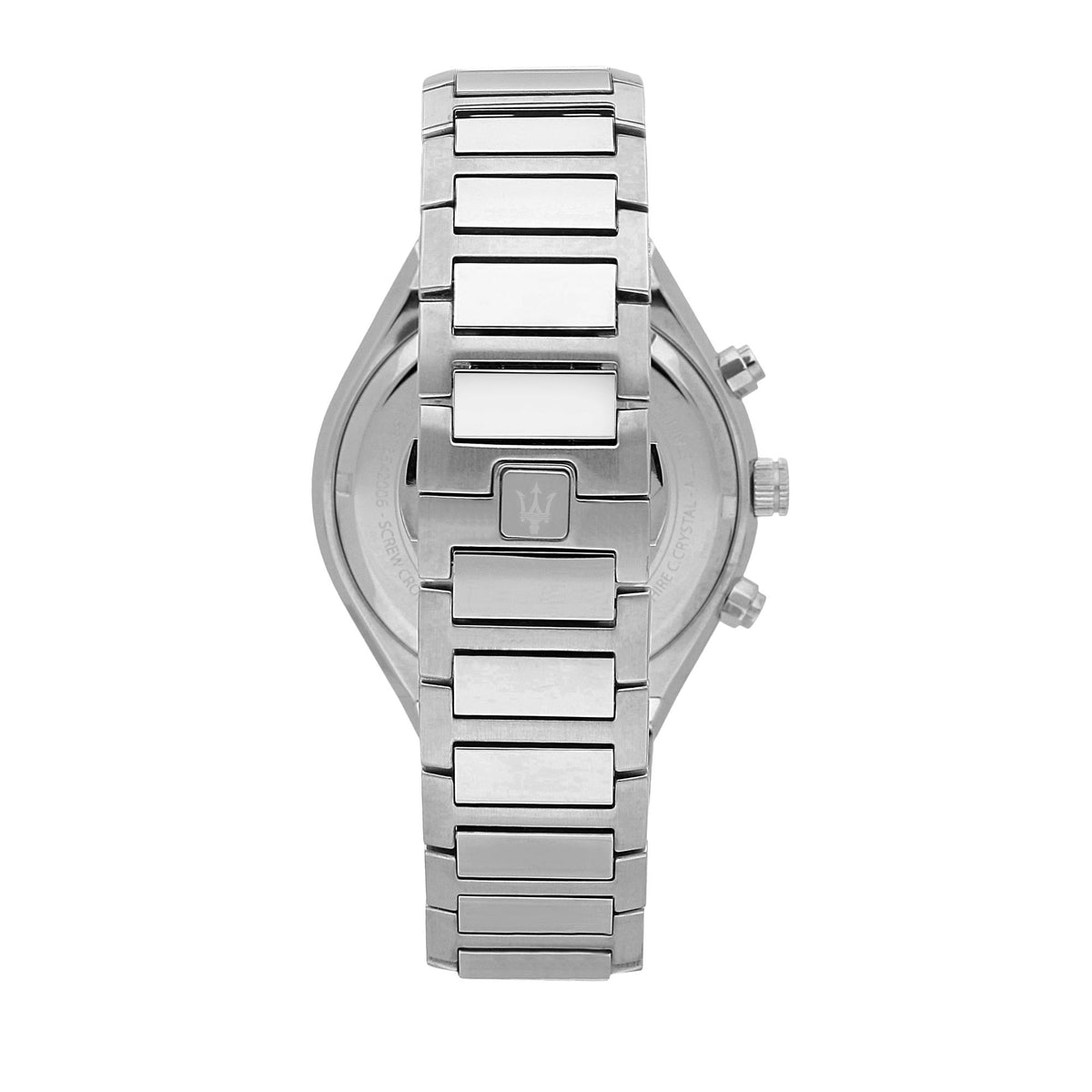Steel bracelet men's chronograph watch with caseback and crown side buttons.