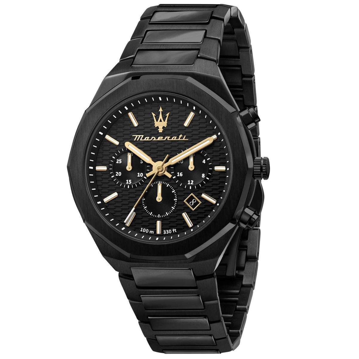 Men's black chronograph watch with Maserati dial, gold-tone hands and black steel bracelet.