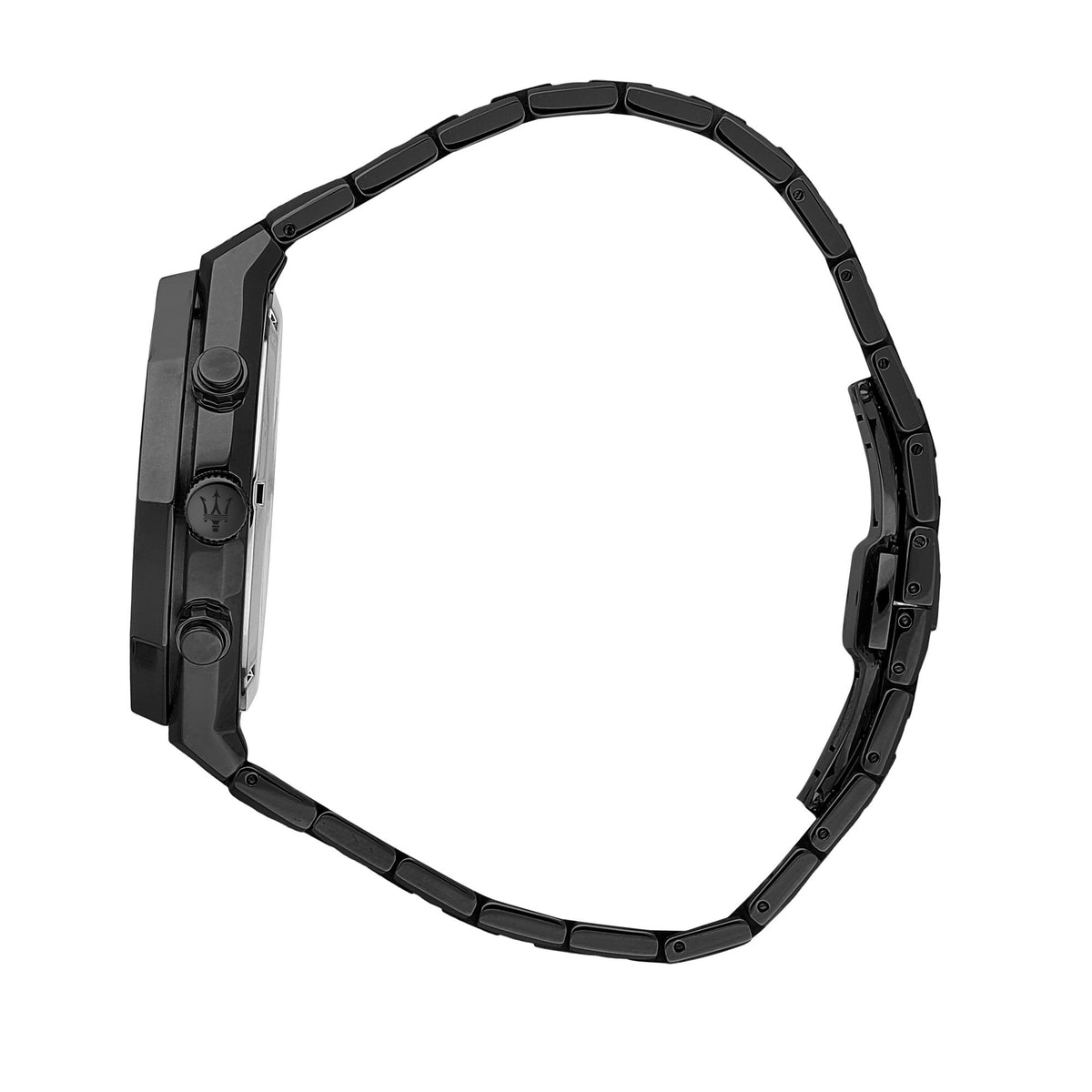 Black chronograph watch with black steel bracelet, side view of case and crown.