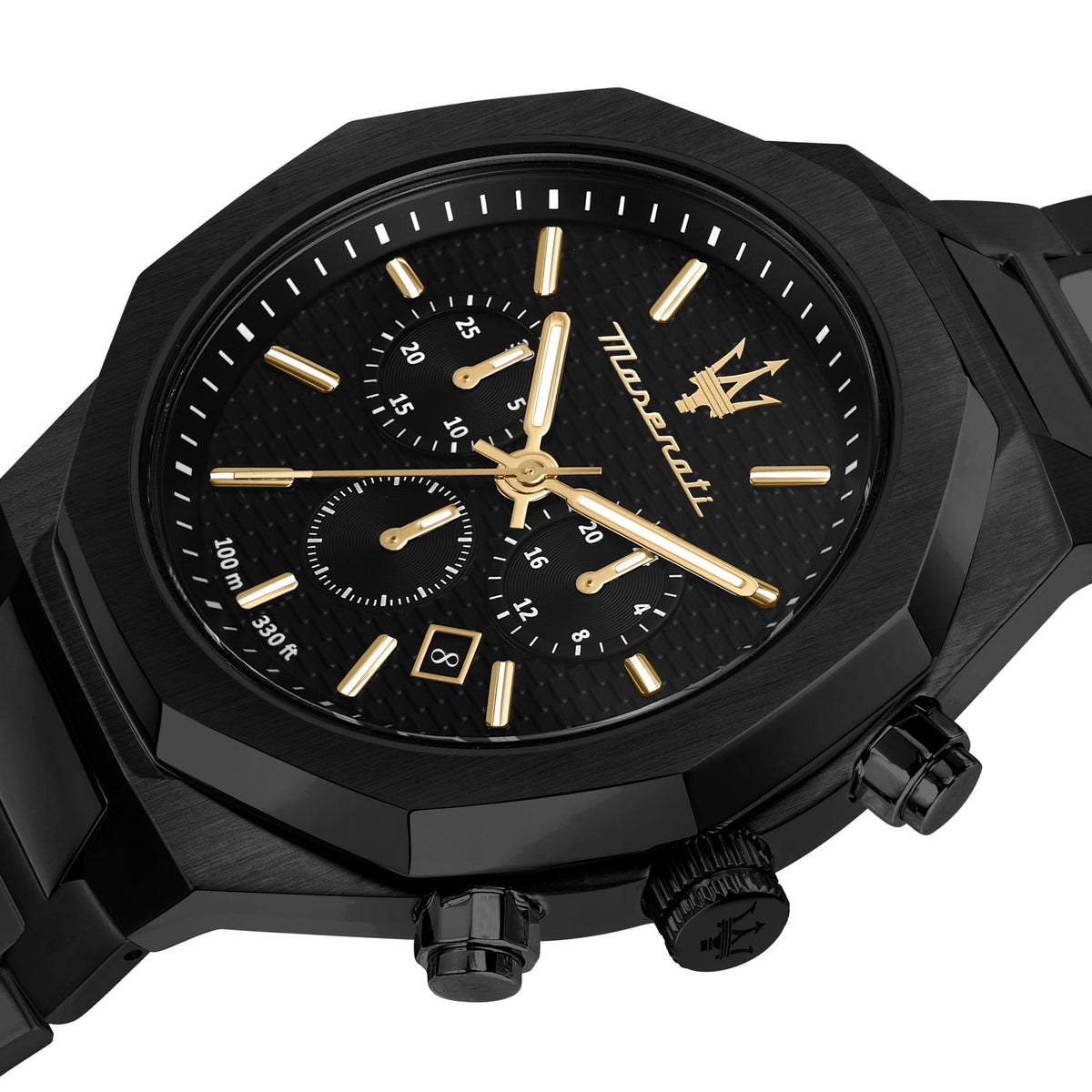 Black chronograph dial watch with gold-tone Maserati emblem, multi-counter layout, and bezel.