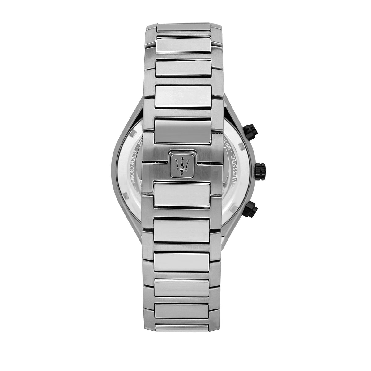 Maserati men’s chronograph watch back view with steel bracelet and pushers