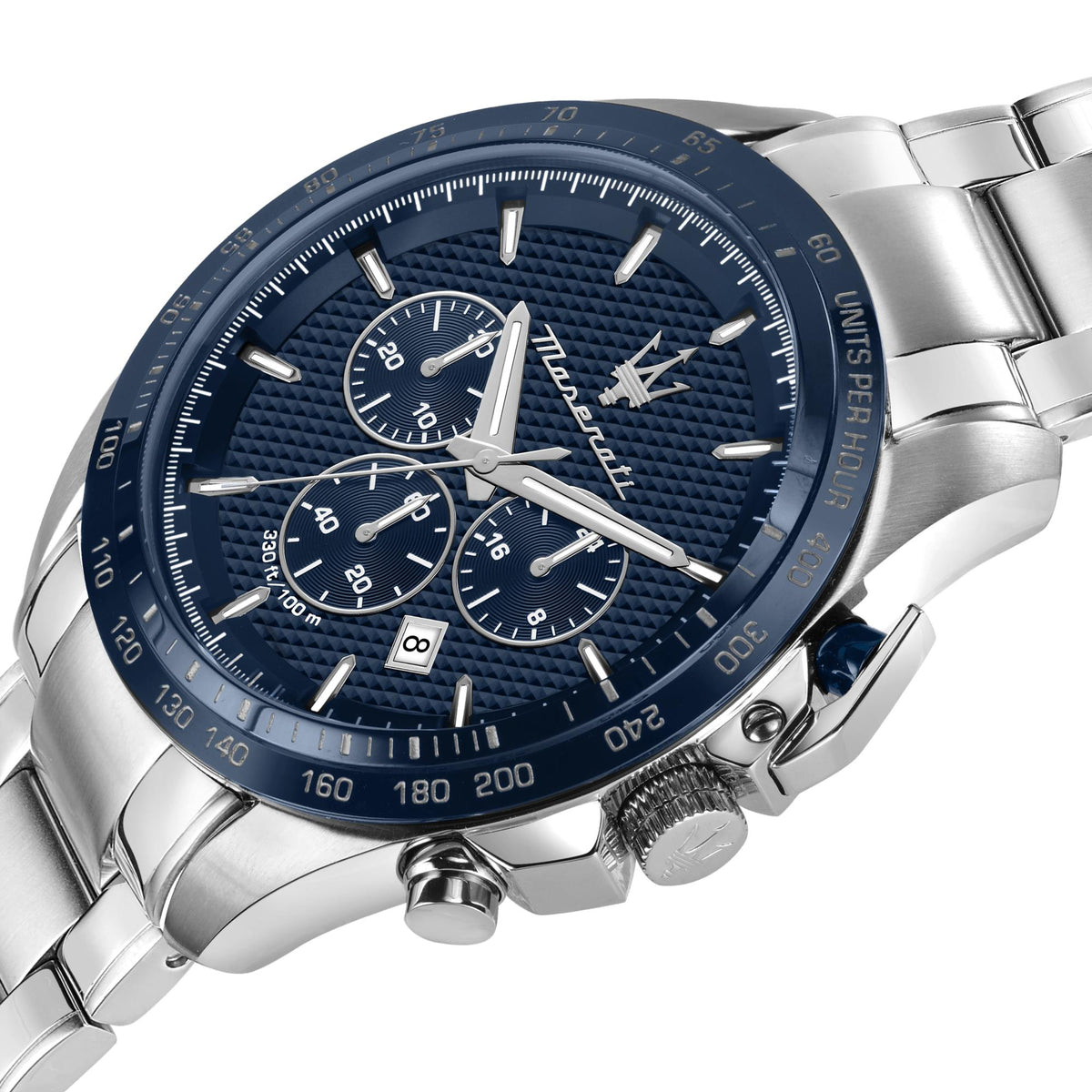 Maserati Traguardo quartz chronograph blue dial with textured pattern and steel case