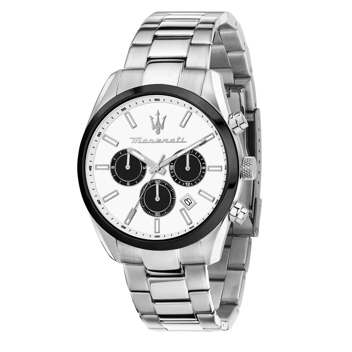 Maserati steel chronograph watch with white dial, black subdials, and bracelet