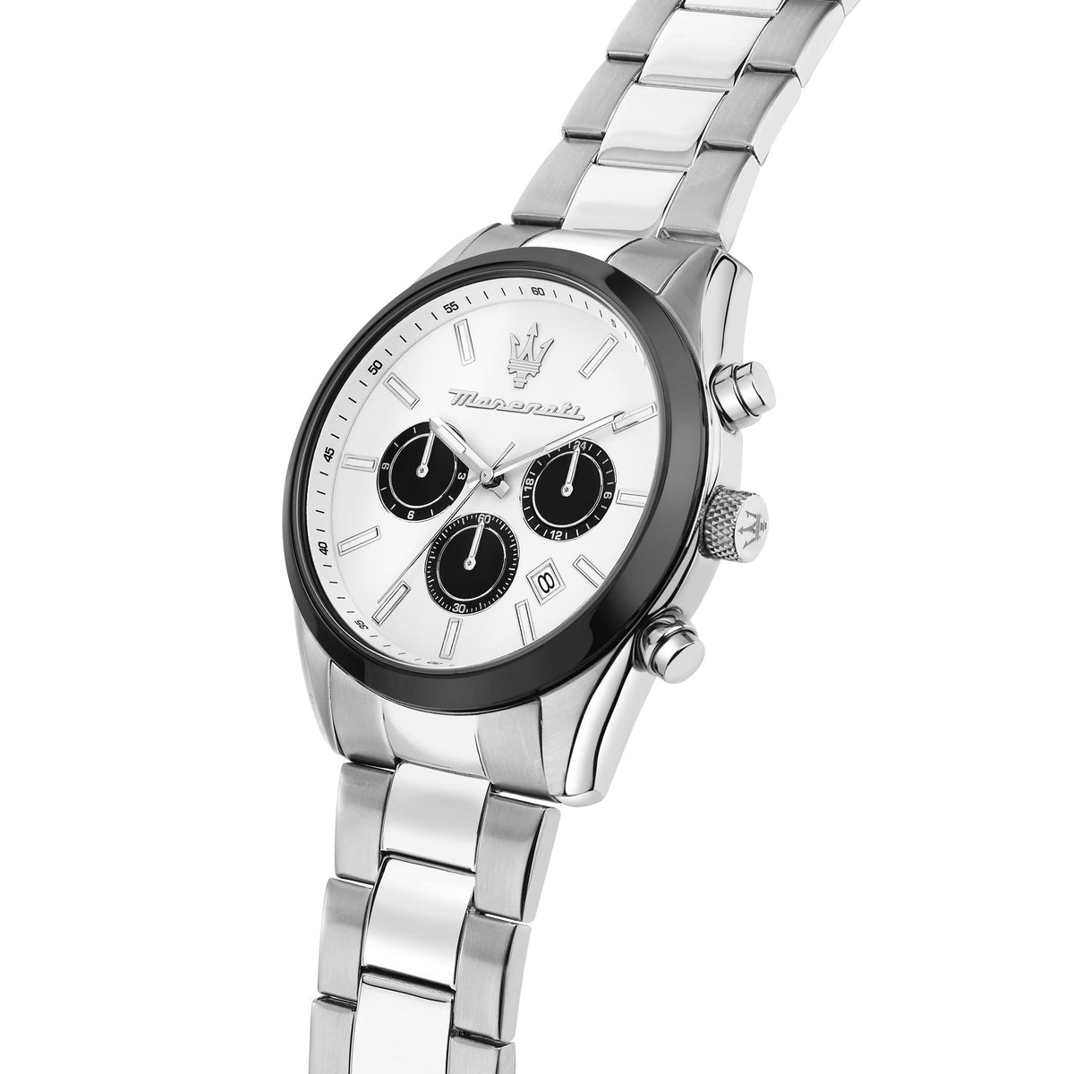 Maserati steel chronograph watch angled view, white dial with three black subdials
