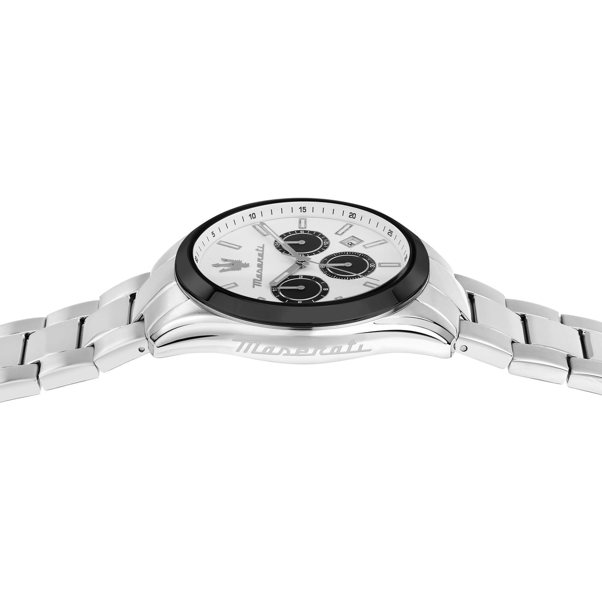 Maserati steel chronograph watch close view of black dial and metal bracelet links