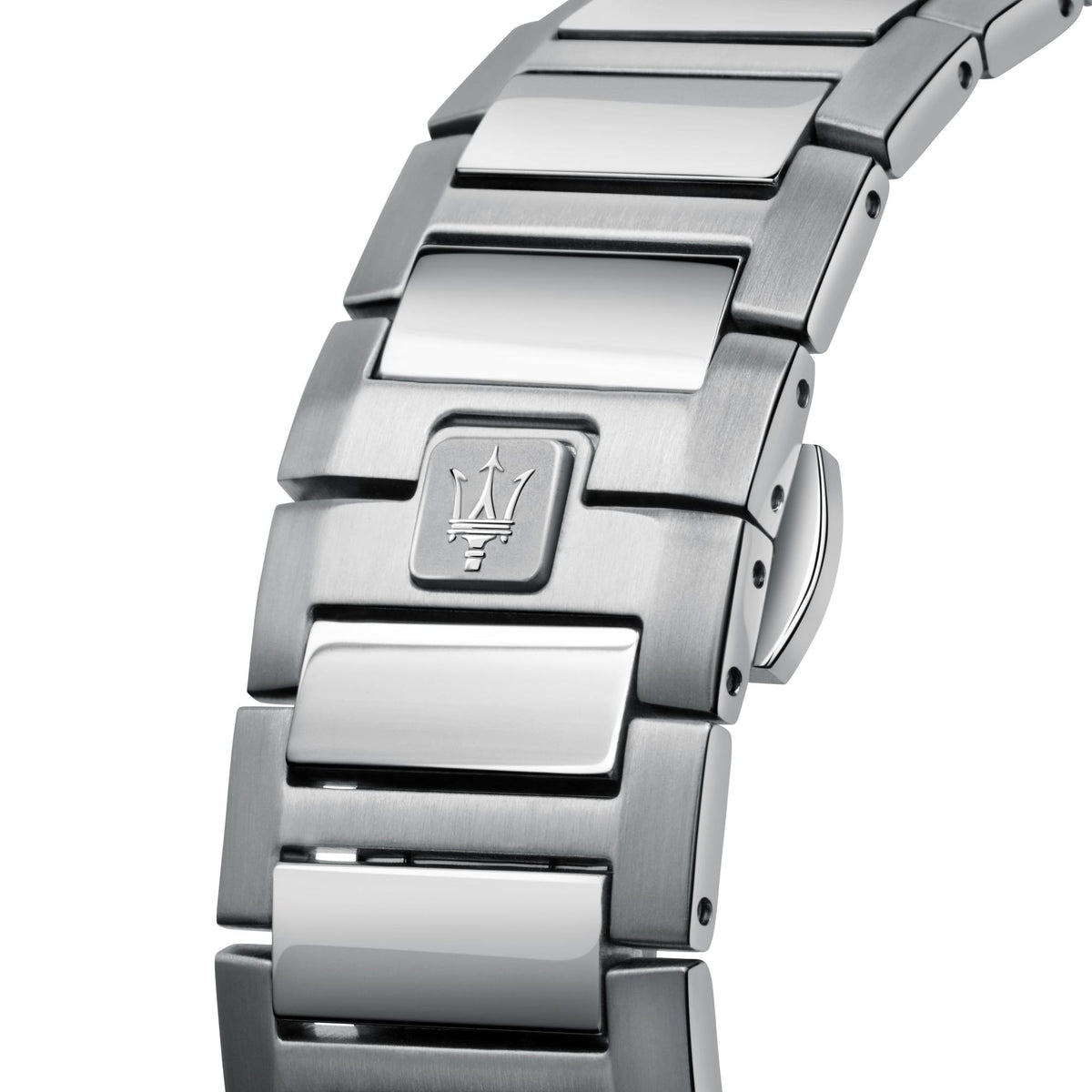 Steel watch bracelet clasp with engraved Maserati emblem