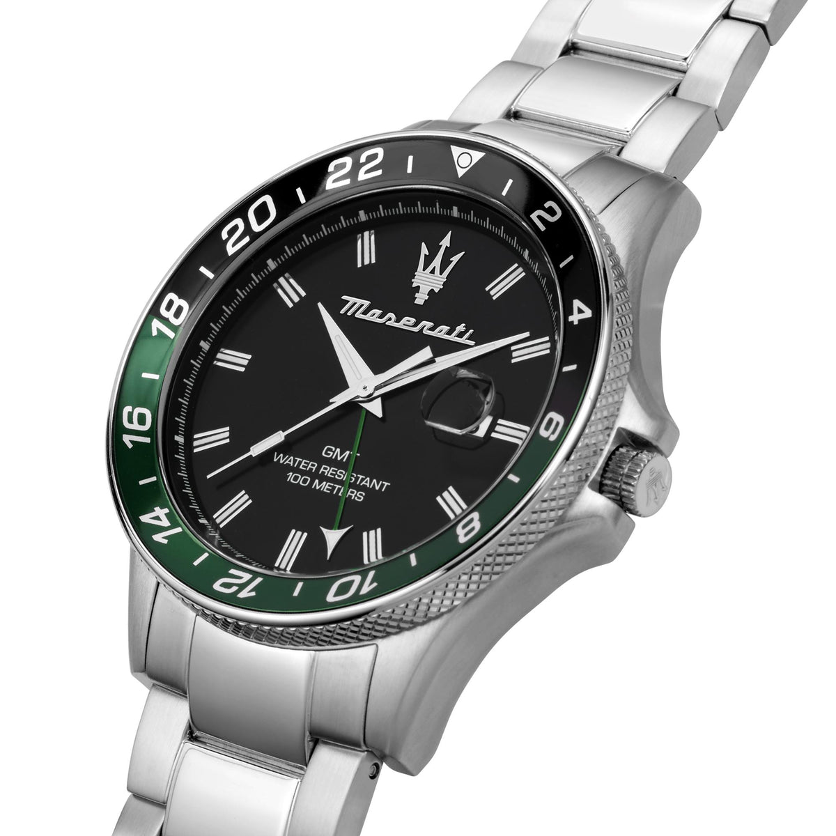 Maserati GMT quartz watch with black dial, green bezel ring, and steel bracelet.