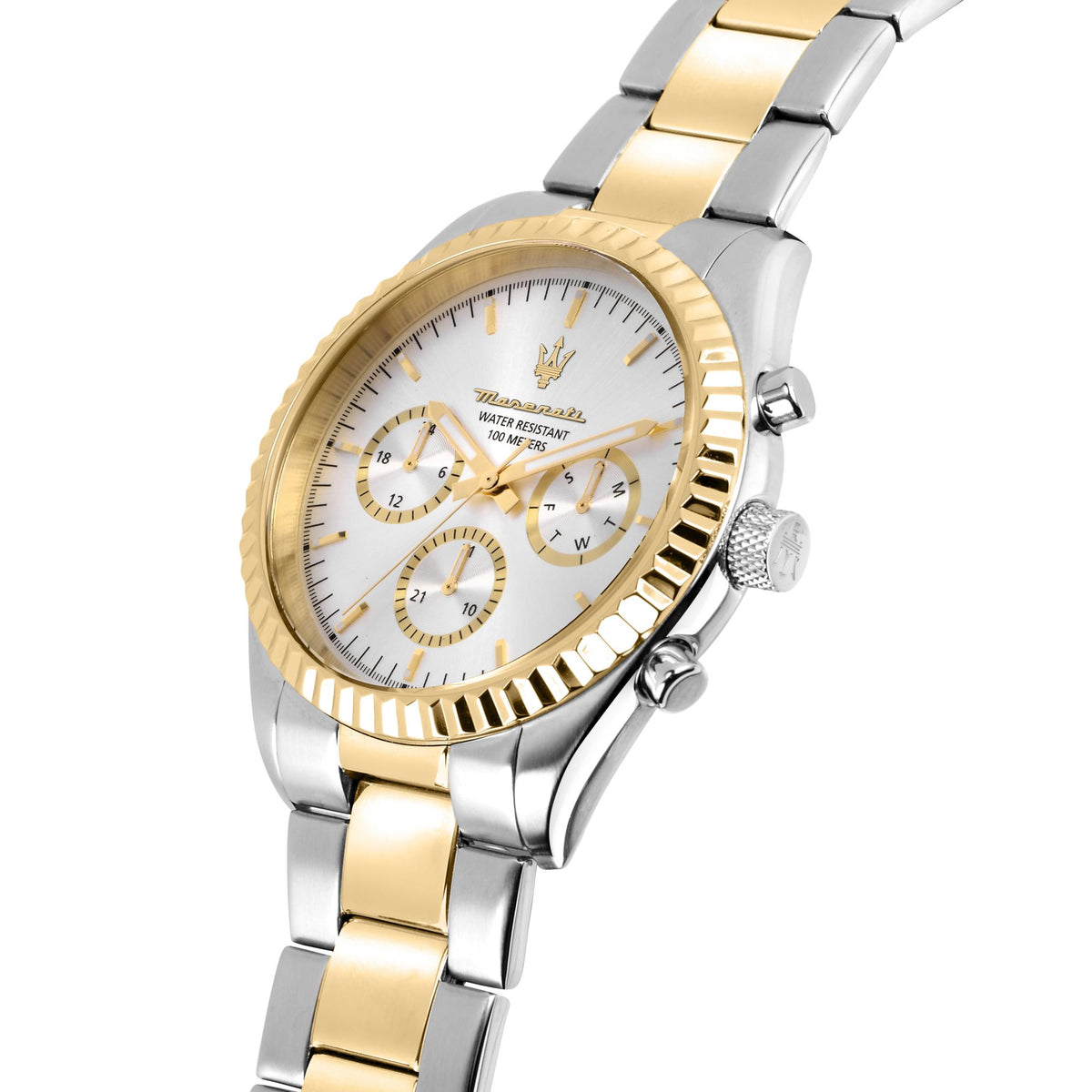 Two-tone steel watch with silver dial, gold bezel, and three subdials on bracelet