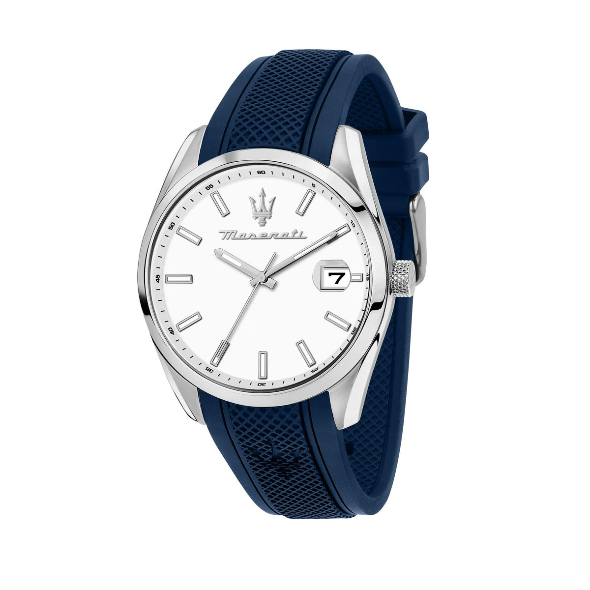 Men's Maserati quartz watch, white dial, blue silicone strap, round silver case
