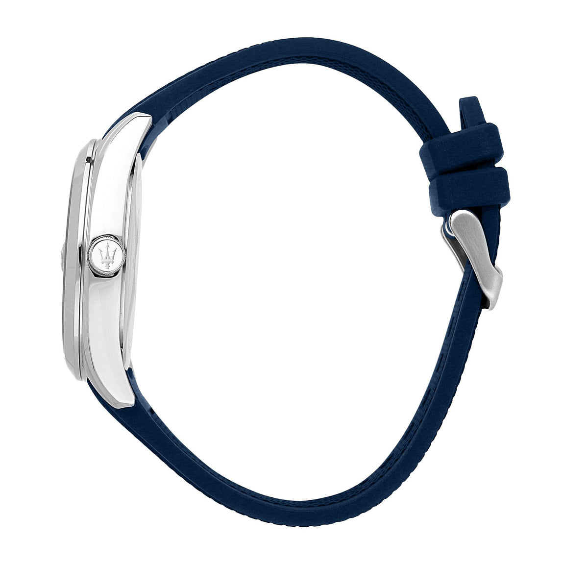 Men's Maserati quartz watch, blue silicone strap, round silver case with crown side