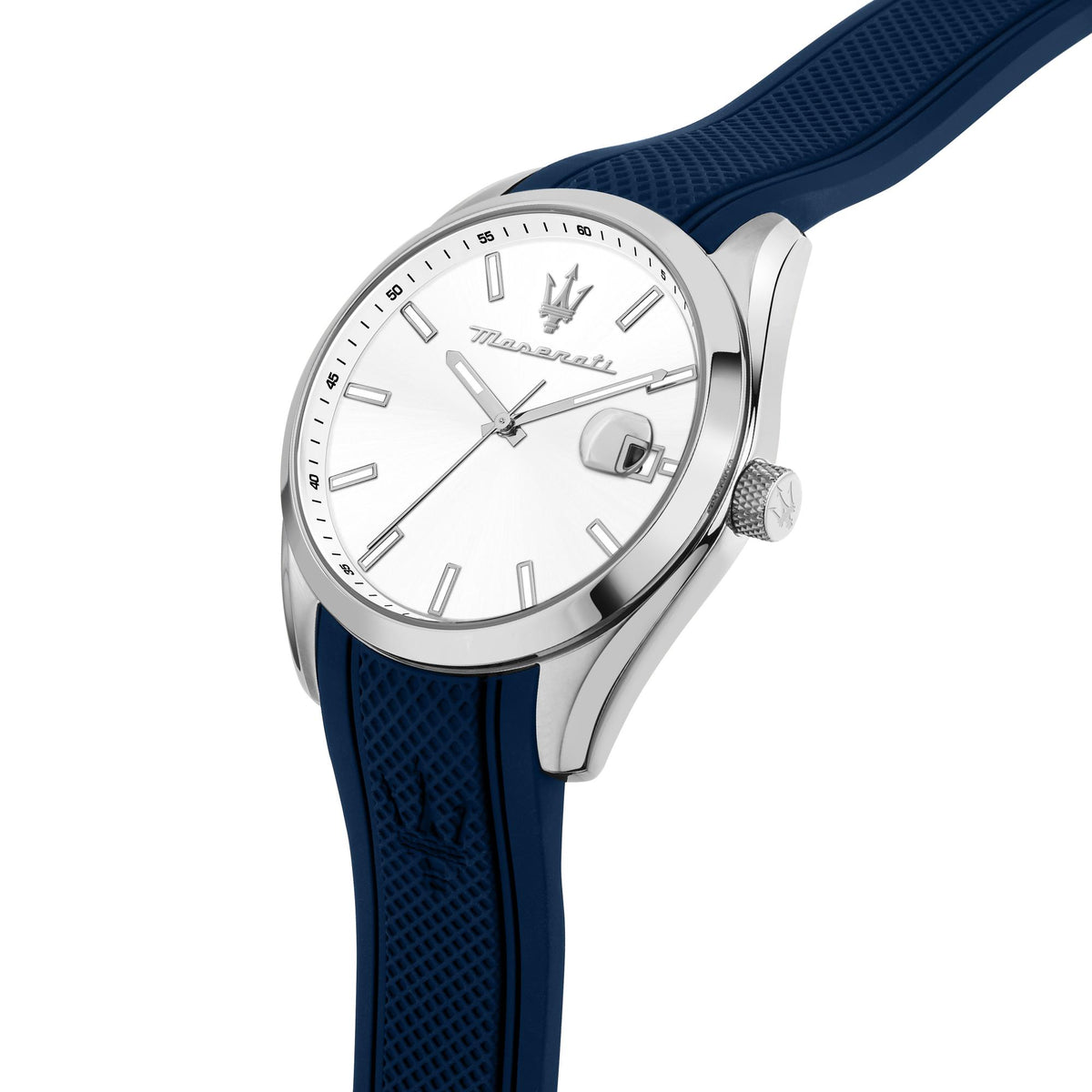 Men's Maserati quartz watch close-up, white dial, blue silicone strap, silver bezel