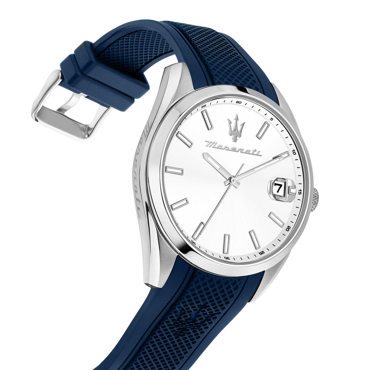 Men's Maserati quartz watch, white dial, blue silicone strap with clasp and crown
