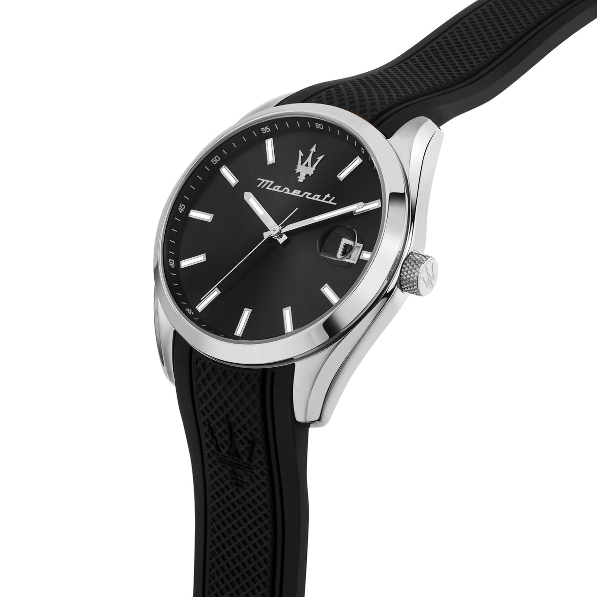 Men's black quartz wristwatch with black dial, silver bezel, and black textured strap