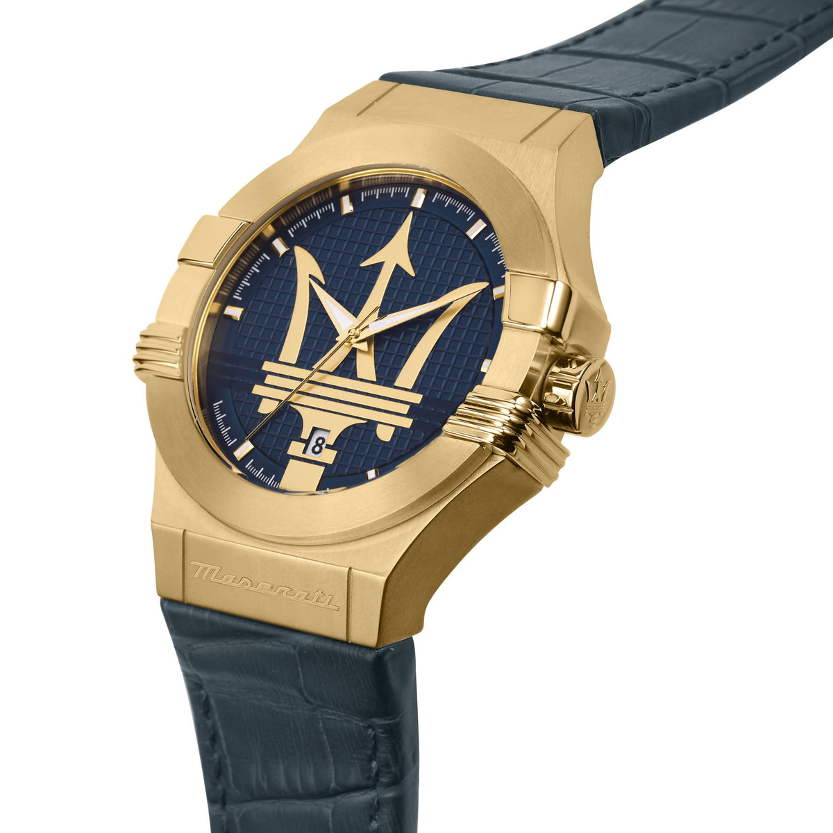Men's Maserati quartz watch with blue patterned dial, blue leather strap, gold-tone case