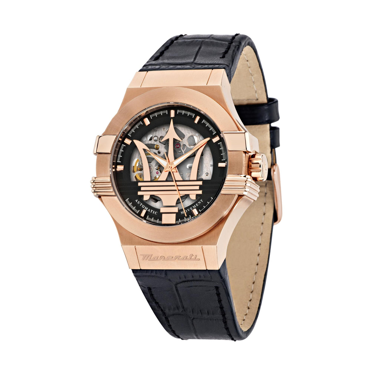 Men's skeleton quartz watch with black dial and black leather strap, rose gold-tone case.