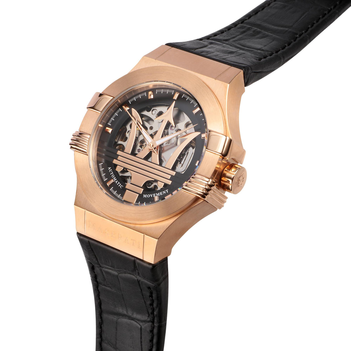 Men's skeleton quartz watch close angle with black dial, black leather strap, rose gold-tone case.