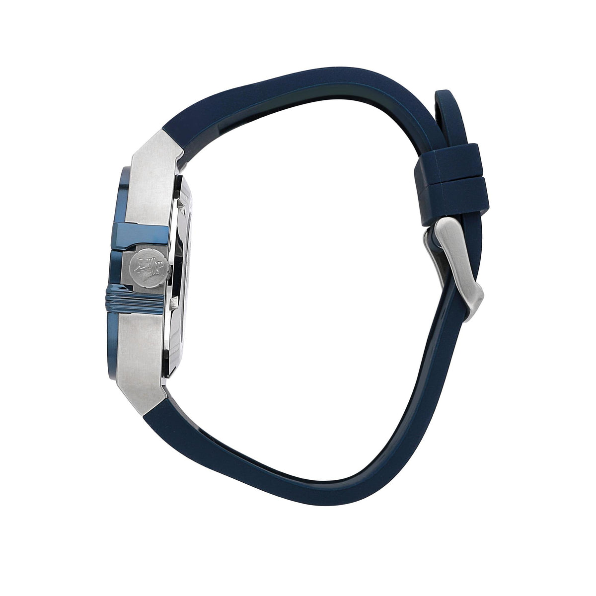 Men's blue silicone strap watch showing stainless steel case side and crown