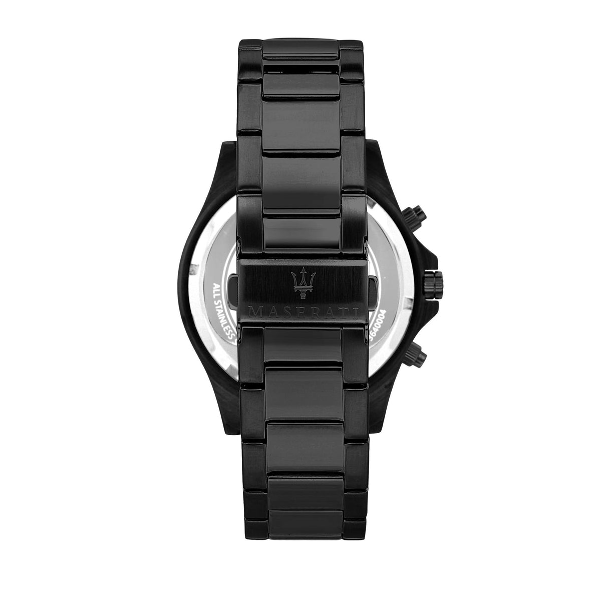 Maserati watch with black steel bracelet and caseback, visible engraving