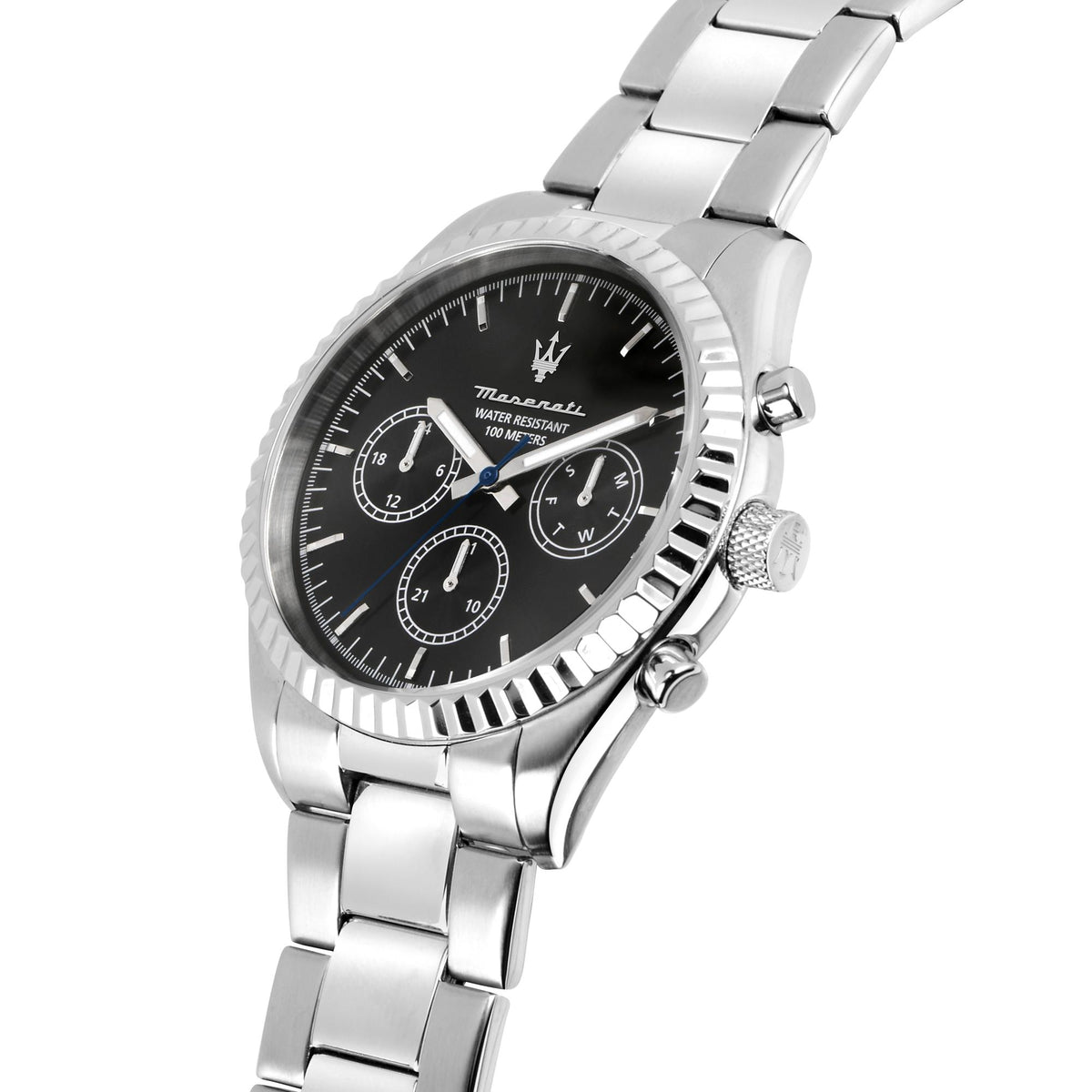 Maserati quartz chronograph watch, black dial with blue accents, steel case and bracelet