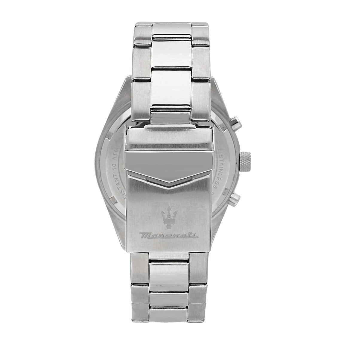 Men's steel watch case back with engraved markings and linked bracelet