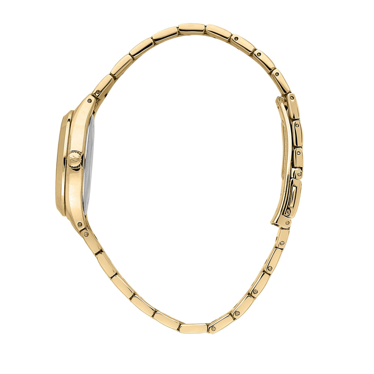 Gold-tone stainless steel watch bracelet links, side view with clasp detail