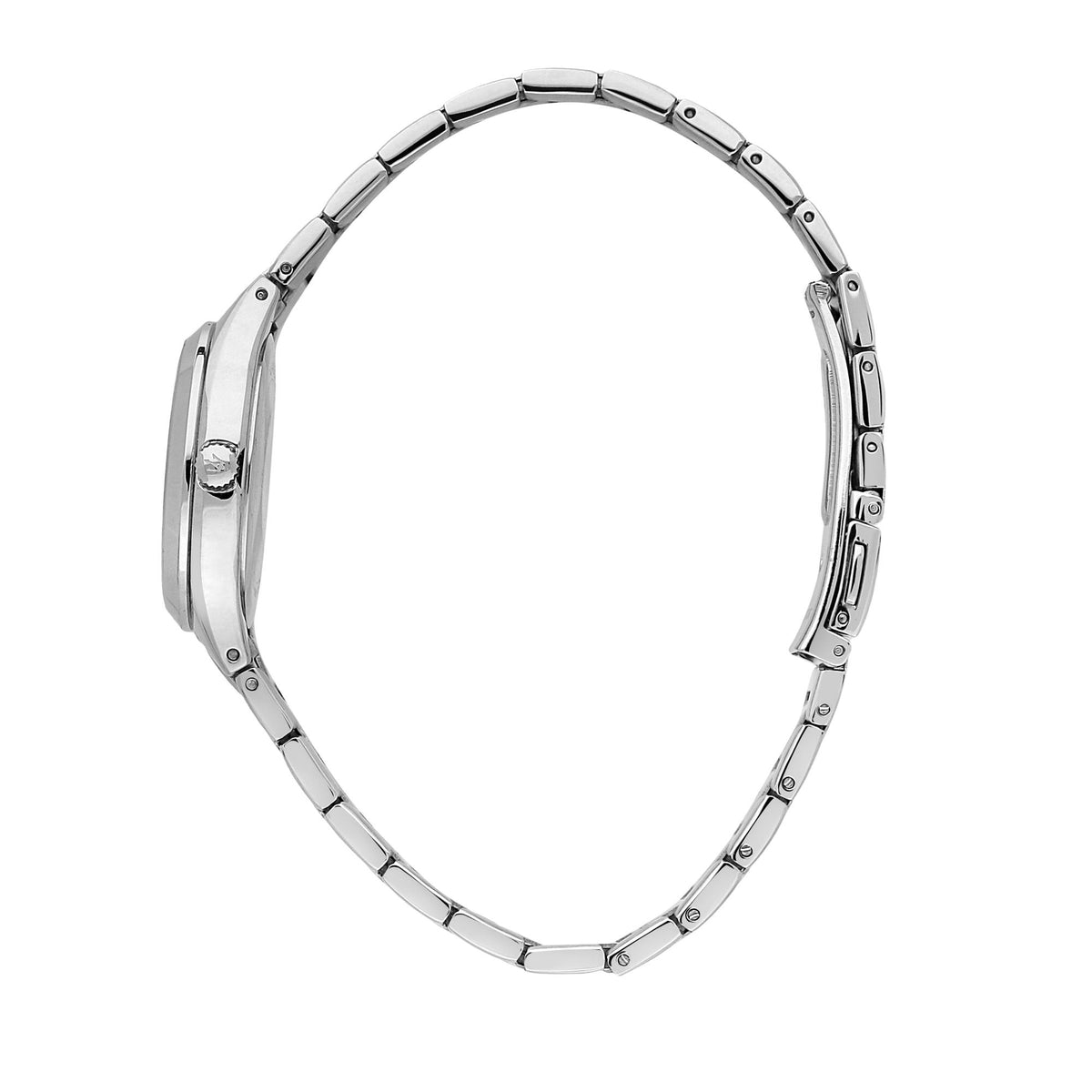 Stainless steel bracelet watch, oval bracelet profile with clasp and links