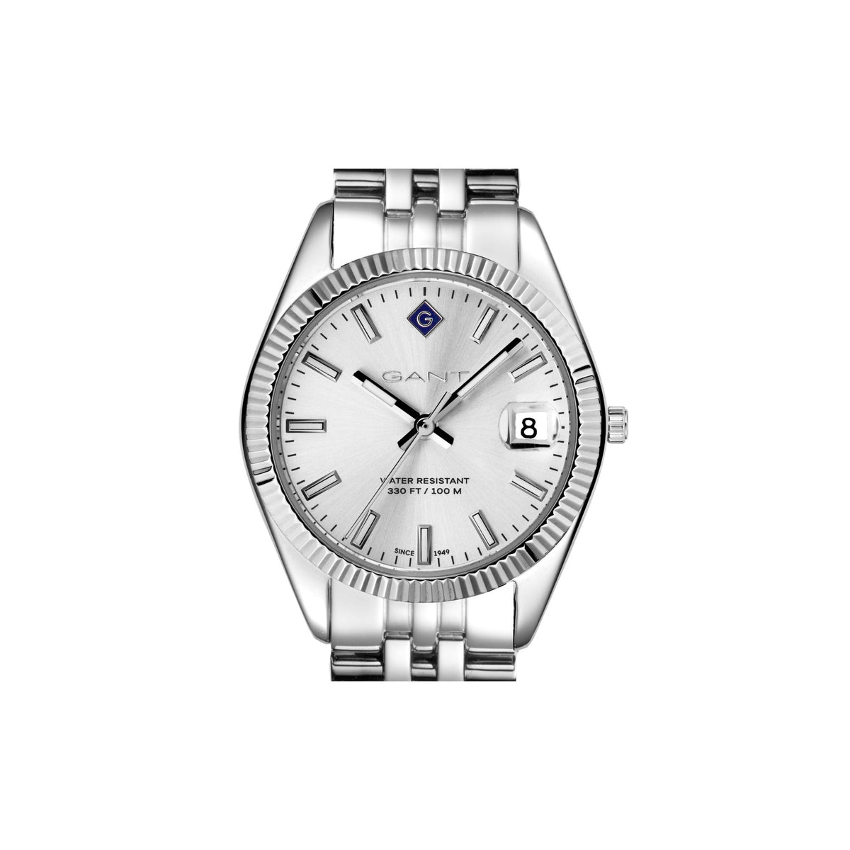 Ladies GANT quartz watch with silver dial, round steel case, date window and markers.