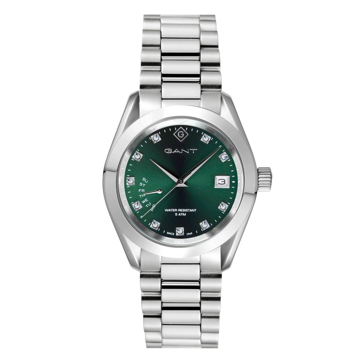Ladies Gant steel bracelet watch with green quartz dial and silver-tone bezel
