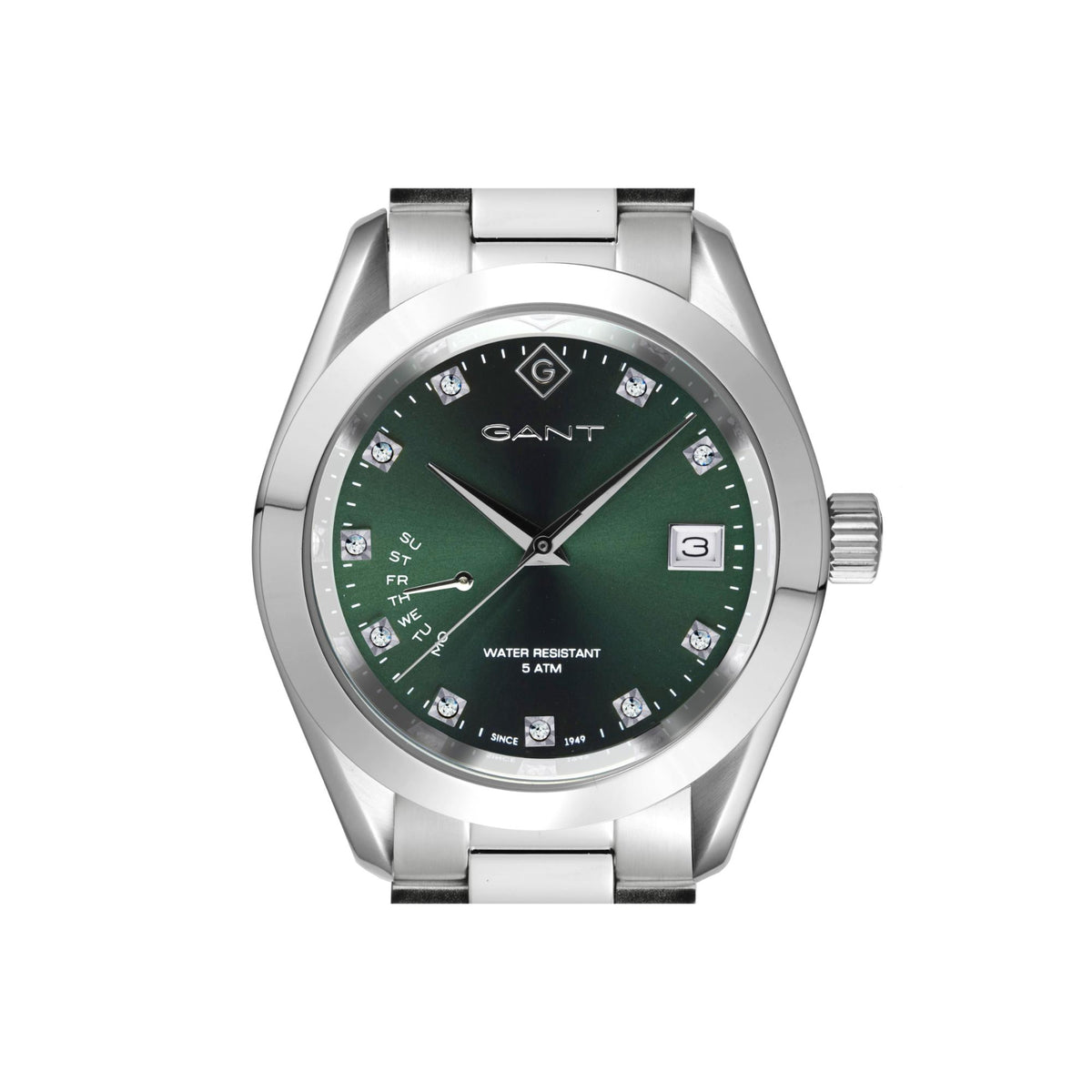 Gant ladies quartz watch, green dial with baton markers and date window on steel case