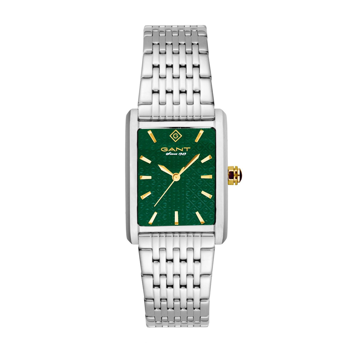 Ladies steel bracelet wristwatch with square green dial, gold hands and hour markers