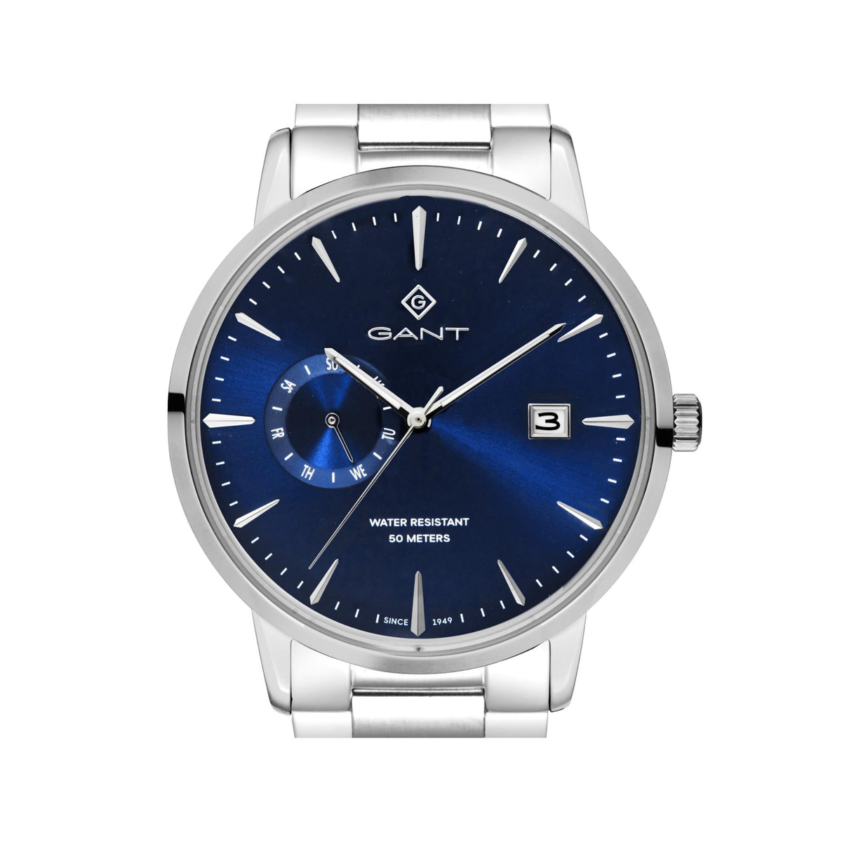 Men's stainless steel quartz watch with deep blue dial, analog hands, and date display
