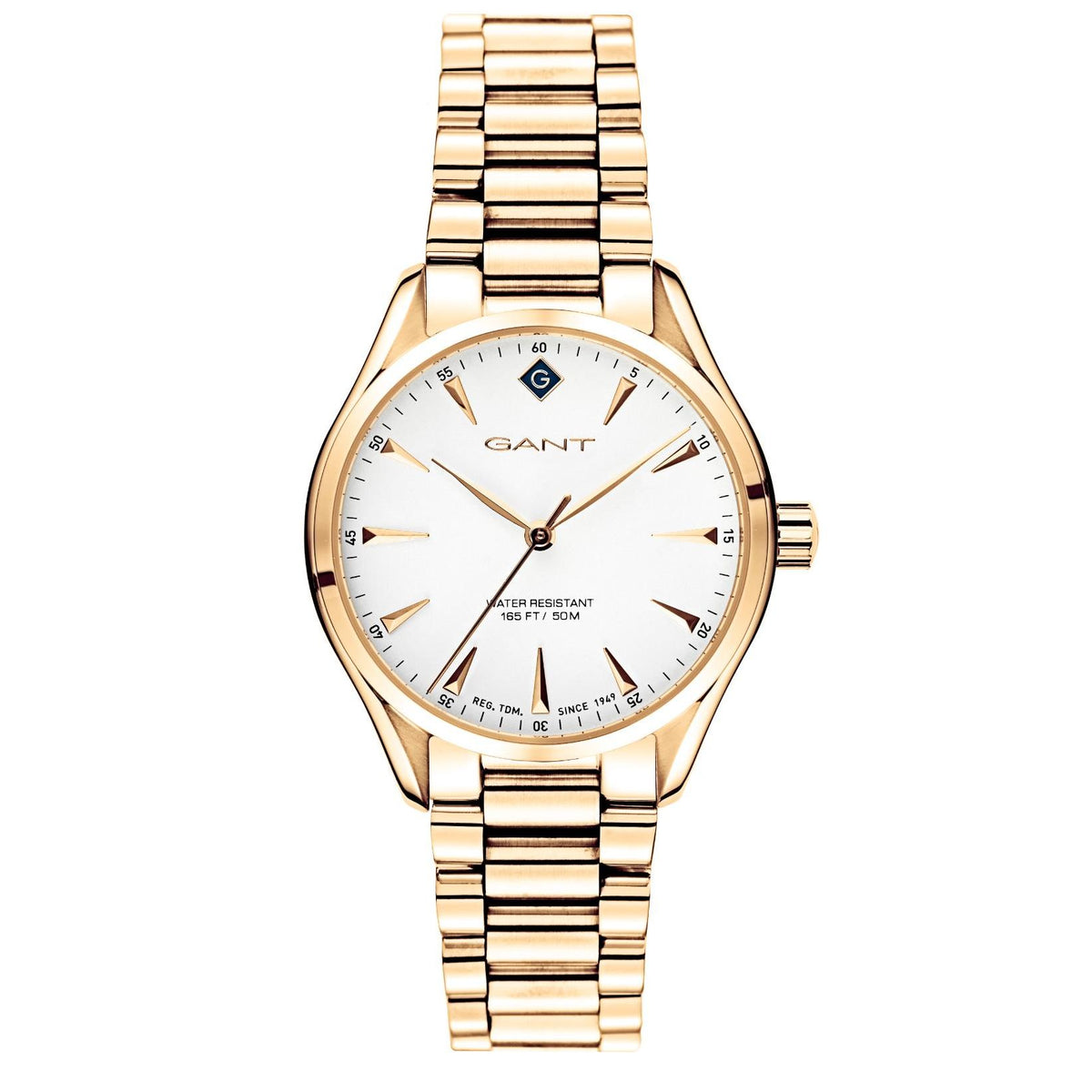Gold-tone stainless steel bracelet watch with white dial and analog hands.