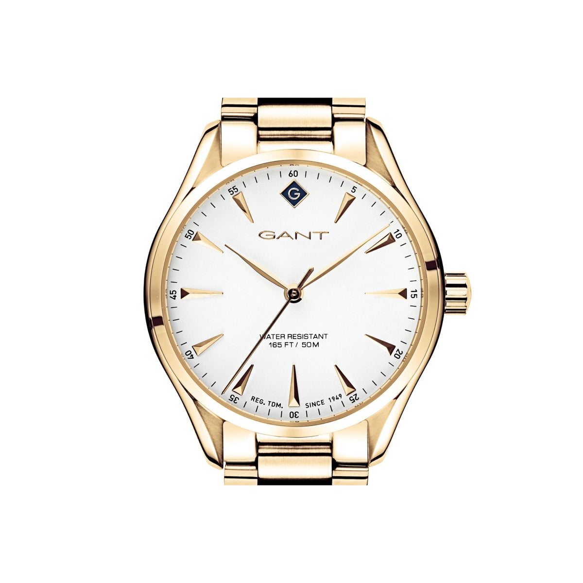 Gold-tone analog ladies watch with white dial, slim bezel, and metal bracelet.