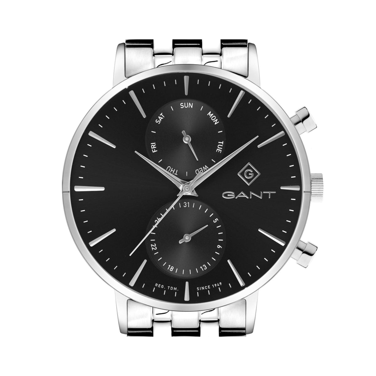 Men's GANT chronograph wristwatch with black dial, subdials, and steel bracelet