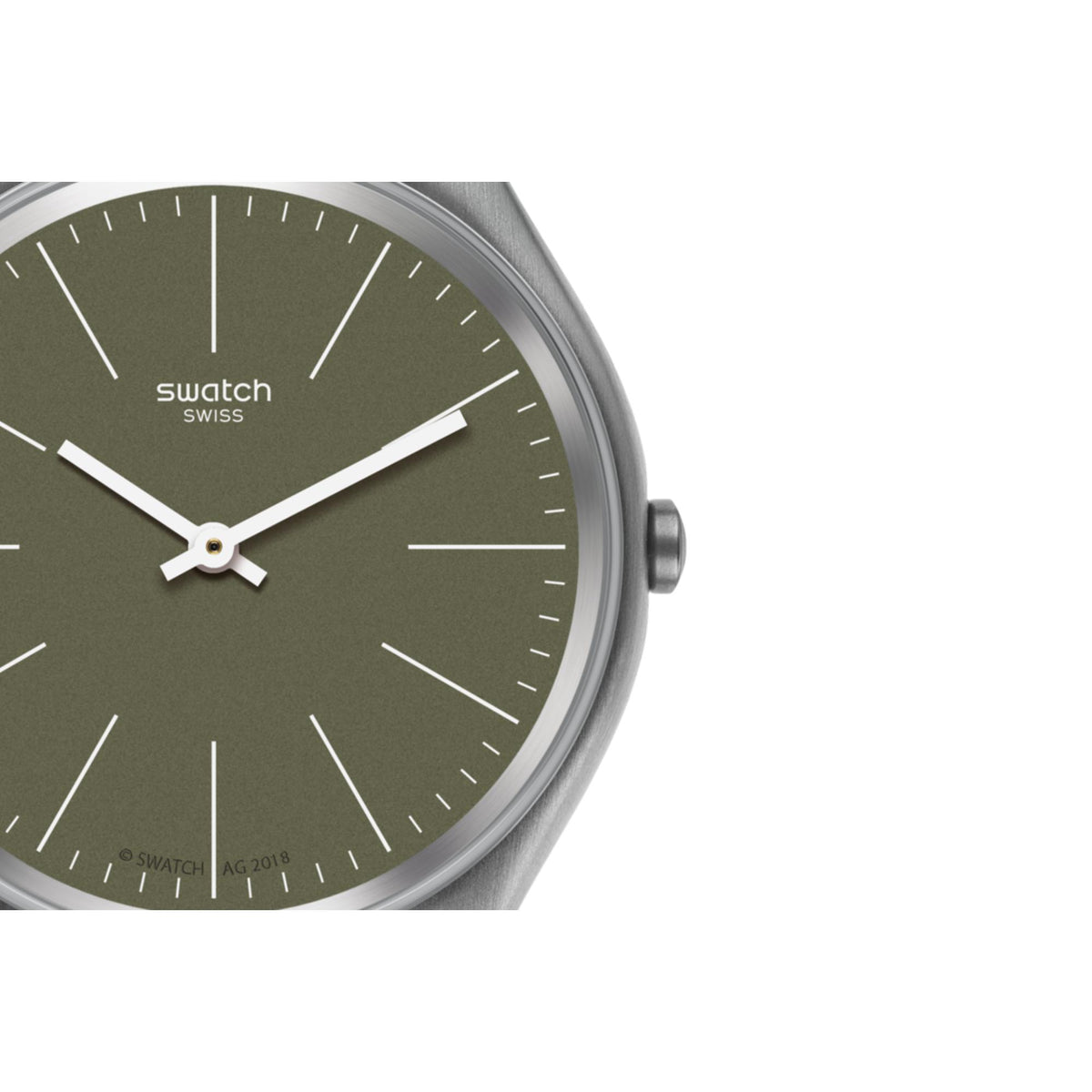 Men's wristwatch close-up: khaki-green dial with silver hands and markers